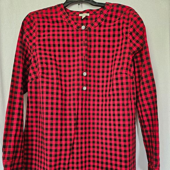 Talbots Large Tunic Top Buffalo Plaid Rhinestone Button Shirt Black Red Check - Picture 1 of 9